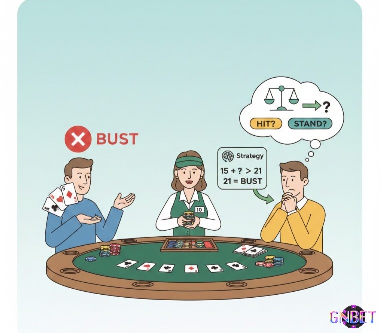 Người chơi Blackjack đang xem bài, tính toán để tránh vượt quá 21 điểm và mất tiền cược