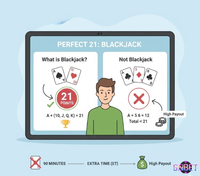 Blackjack là bộ bài hoàn hảo 21 điểm với một lá Át và một lá 10 điểm, mang lại ưu thế và tỷ lệ trả thưởng cao hơn