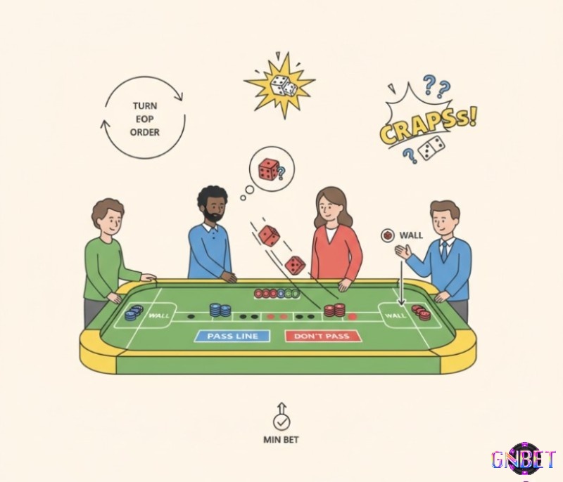 Người chơi tung xúc xắc trên bàn Craps, thể hiện vai trò shooter, và quy tắc đặt cược