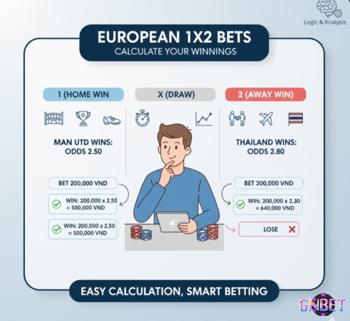 Người chơi cá cược bóng đá tính tiền thắng kèo châu Âu 1x2 bằng công thức (số tiền cược) x (tỷ lệ cược) để quản lý ngân sách hiệu quả