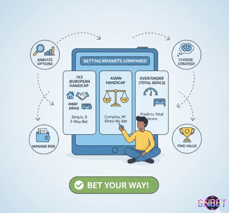 Người chơi so sánh kèo Châu Âu 1x2 với kèo Châu Á và Tài Xỉu để lựa chọn phong cách cá cược bóng đá phù hợp
