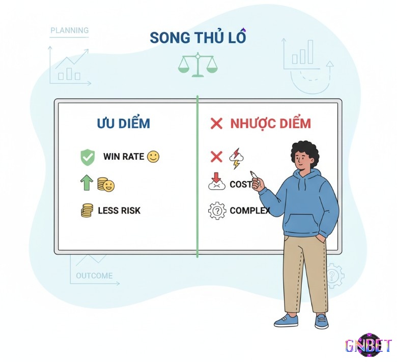 Người đang phân tích ưu điểm, nhược điểm của việc chơi song thủ lô trên bảng với các biểu tượng rủi ro và lợi ích