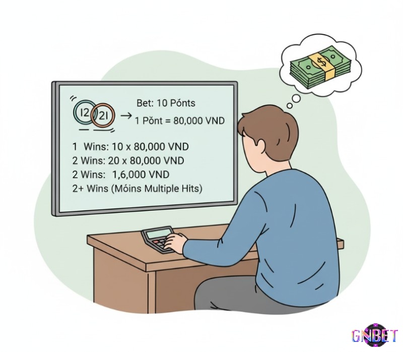 Người chơi đang tính toán tiền thắng cược song thủ lô, dựa trên tỷ lệ và số điểm cược