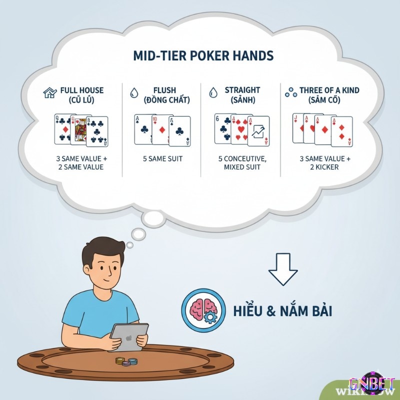 Người chơi poker tìm hiểu các hand bài mạnh và trung bình khá: Cù Lũ, Đồng Chất, Sảnh, Sám Cô