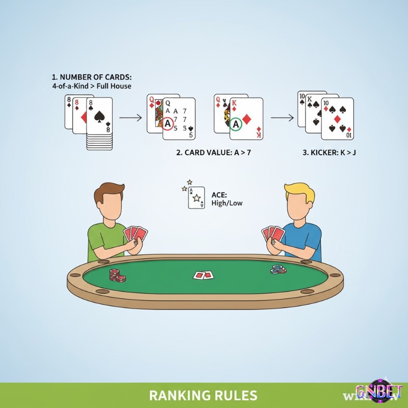 Người chơi poker so sánh thứ hạng bài theo nguyên tắc số lượng lá, giá trị bài và lá bài phụ (kicker) để xác định người thắng cuộc