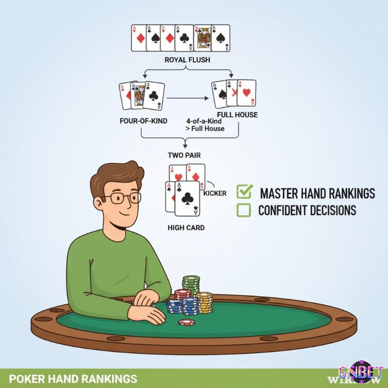 Người chơi poker thành thạo thứ hạng bài poker (hand ranking), từ Sảnh Hoàng Gia đến Bài Cao, để đưa ra quyết định sáng suốt và tự tin trên bàn đấu