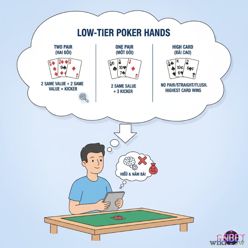 Người chơi poker tìm hiểu thứ hạng bài poker (hand ranking) về các hand bài yếu hơn như Hai Đôi, Một Đôi, và Bài Cao