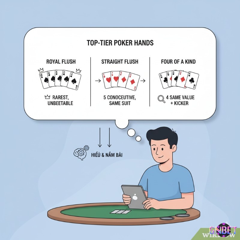 Người chơi poker tìm hiểu các hand bài cực mạnh như Sảnh Hoàng Gia, Sảnh Đồng Chất, Tứ Quý