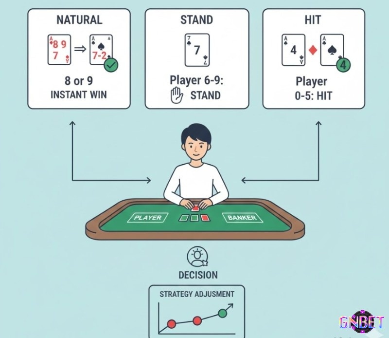 Người chơi baccarat hiểu rõ thuật ngữ ""Natural"", ""Stand"" và ""Hit"", để đưa ra quyết định đặt cược chính xác