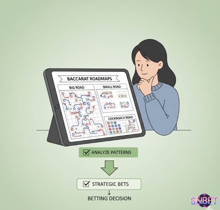 Người chơi Baccarat online sử dụng ""roadmaps"" (big road, small road) để ghi lại và phân tích kết quả các ván bài, hỗ trợ đưa ra quyết định cược