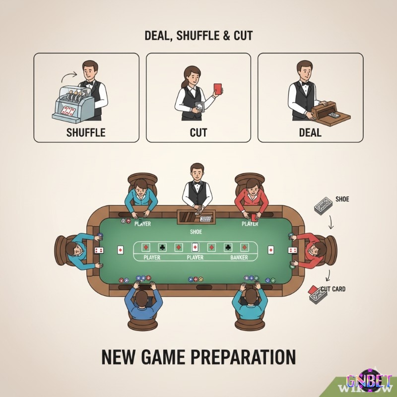Người chia bài thực hiện Shuffle, Cut và Deal để chuẩn bị cho một ván Baccarat mới, đảm bảo tính công bằng