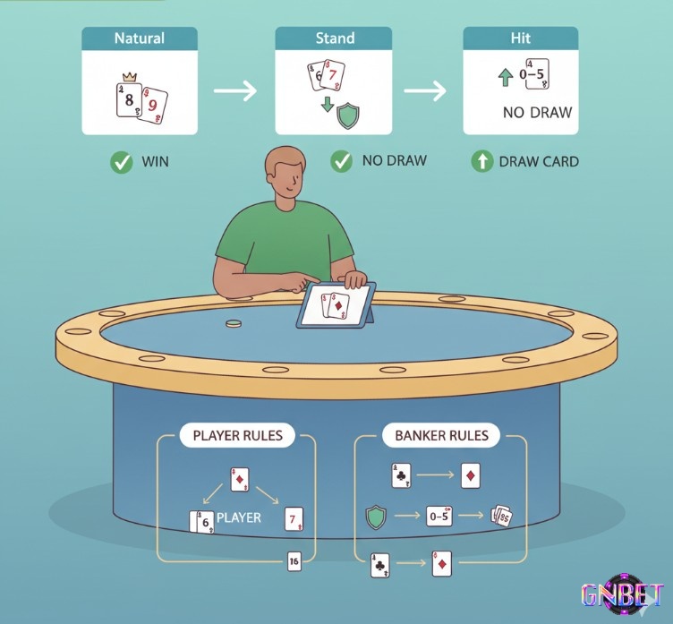 Người chơi Baccarat theo dõi các quy tắc "Natural", "Stand" và "Hit" để hiểu các quyết định rút bài
