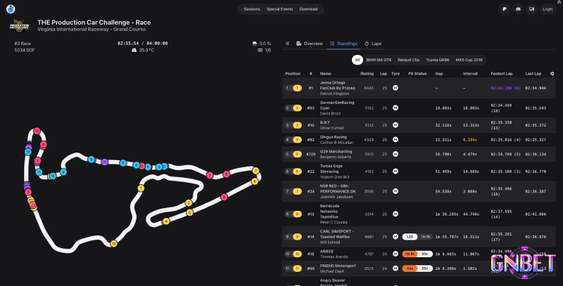 Sảnh đăng ký cuộc đua theo lịch với thông tin xe và đường đua hiển thị rõ ràng trong game iRacing