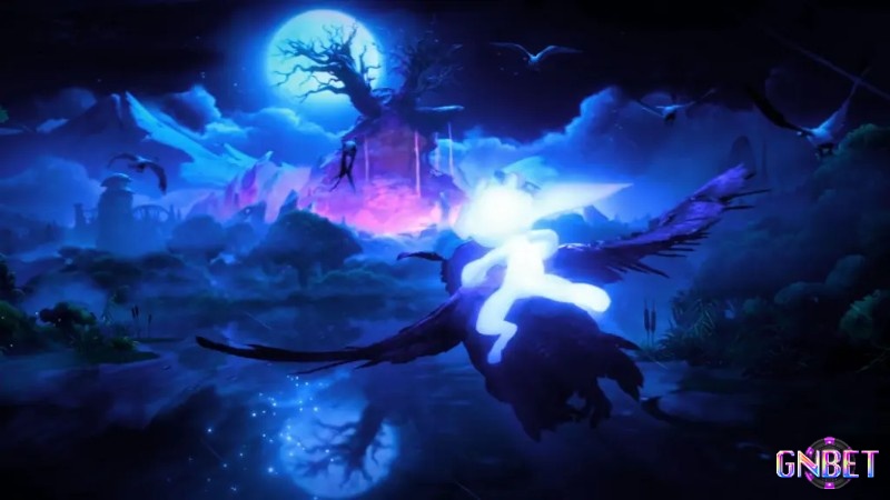 Ori chạy thoát trong một phân đoạn tốc độ cao, nền môi trường sụp đổ phía sau