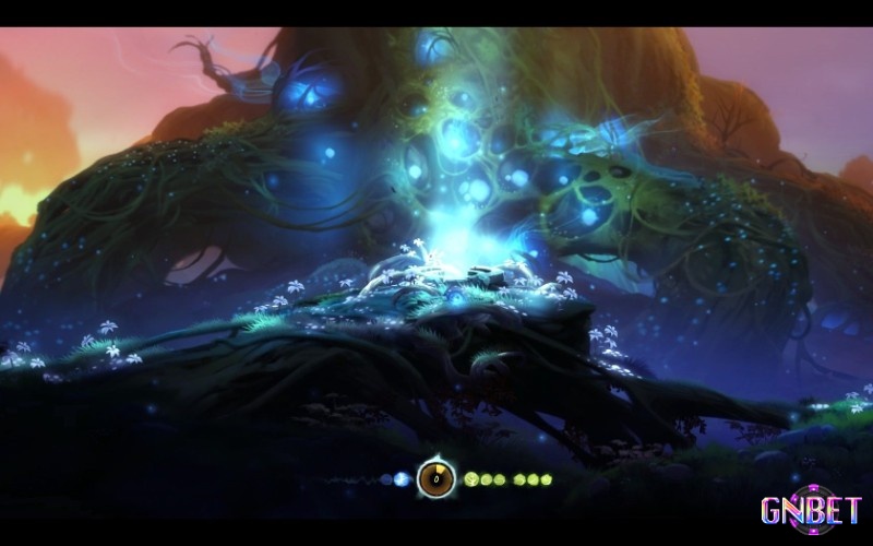 Khung hình Ori đứng trước Cây Linh Hồn trong rừng Nibel, ánh sáng xanh lan khắp không gian game Ori: Definitive Edition