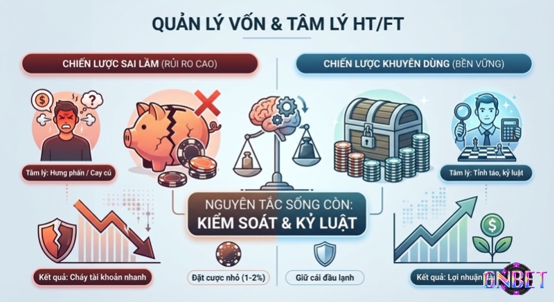 Bảng so sánh chiến lược quản lý vốn và tâm lý khi chơi kèo HT/FT: Hạn chế sai lầm rủi ro cao, hướng tới lợi nhuận dài hạn bằng sự kiểm soát và kỷ luật