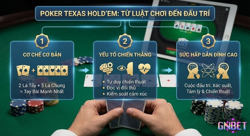 Tổng quan Poker Texas Hold'em, giải thích cơ chế, yếu tố chiến thắng và sức hấp dẫn đỉnh cao của trò đấu trí này gắn liền với cách chơi poker mang tính chiến thuật cao