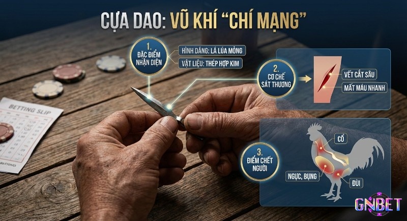 Giải thích đặc điểm nhận diện, cơ chế sát thương và các điểm chí mạng của cựa dao, gồm hình dáng, vật liệu, vết cắt sâu, và vị trí hiểm trên gà