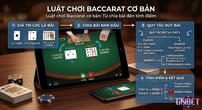 Quy trình 4 bước luật chơi Baccarat cơ bản từ chia bài đến tính điểm kết hợp với bố cục bàn Baccarat