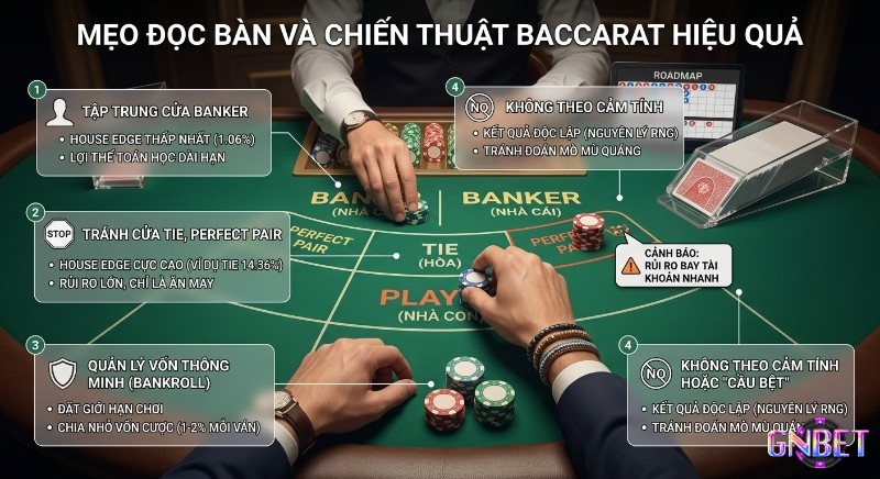 Tổng quan chiến lược Baccarat hiệu quả gồm 4 mẹo chính: tập trung Banker, tránh cửa Tie, quản lý vốn và không theo cảm tính