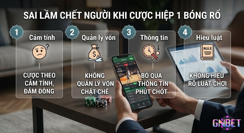 Danh sách 4 sai lầm chết người cần tránh, khi cược hiệp 1 bóng rổ: cược theo cảm tính, quản lý vốn kém, bỏ qua thông tin, không hiểu luật