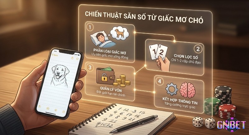 Quy trình 4 bước chiến thuật săn số từ giấc mơ chó hiệu quả, với các bước phân loại giấc mơ, chọn số, quản lý vốn và kết hợp thông tin thực tế