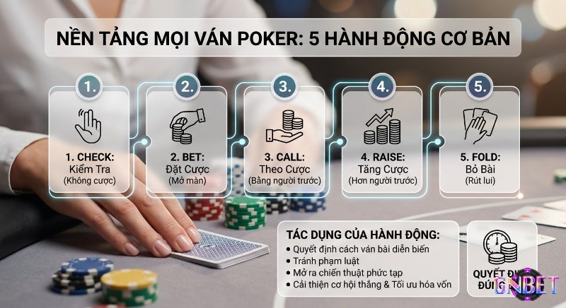 Hướng dẫn 5 hành động cơ bản Check, Bet, Call, Raise, Fold, nền tảng để tối ưu chiến thuật Poker&nbsp;check bet call raise fold là gì 