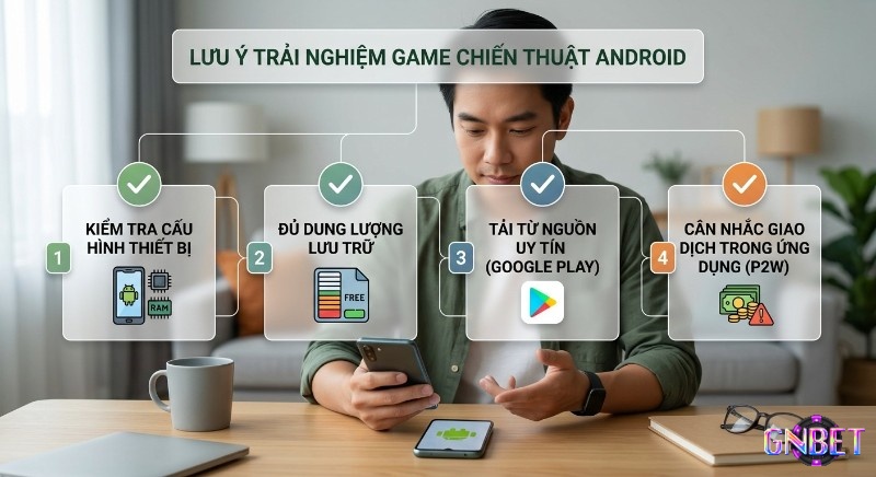 Checklist các lưu ý quan trọng để trải nghiệm game chiến thuật hay nhất trên android mượt mà, an toàn, từ cấu hình, dung lượng đến nguồn tải game và giao dịch P2W