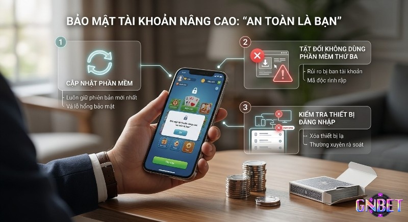Checklist 3 bước bảo mật tài khoản nâng cao, để trải nghiệm game an toàn: cập nhật phần mềm, tránh tool lạ, kiểm soát thiết bị