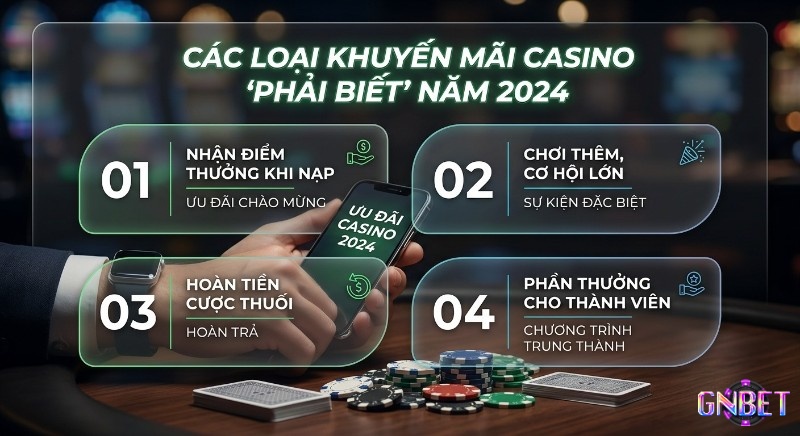 Tổng hợp 4 loại nhận khuyến mãi casino trực tuyến 'phải biết' năm 2026 gồm ưu đãi nạp tiền, sự kiện, hoàn trả và thành viên