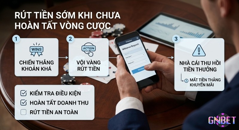 Quy trình cảnh báo 3 bước về lỗi vội vàng rút tiền khi chưa hoàn tất vòng cược, hướng dẫn kiểm tra điều kiện và hoàn tất doanh thu để rút tiền thưởng an toàn