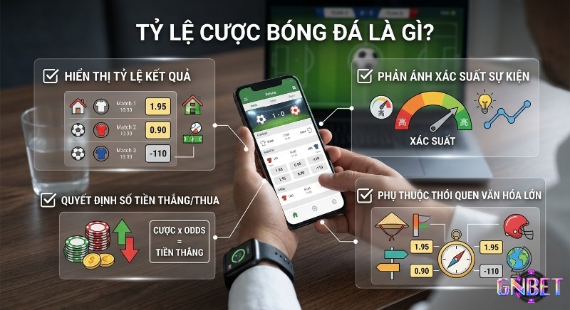 Sơ đồ tổng quan Odds format bóng đá, giải thích cách hiển thị, phản ánh xác suất, quyết định tiền thắng/thua và yếu tố văn hóa trong odds format bóng đá là gì