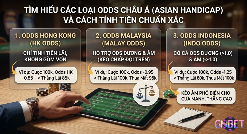 Tổng quan các loại Odds Châu Á phổ biến (HK, Malay, Indo) với ví dụ cách tính tiền chuẩn xác và mẹo cược kèo âm