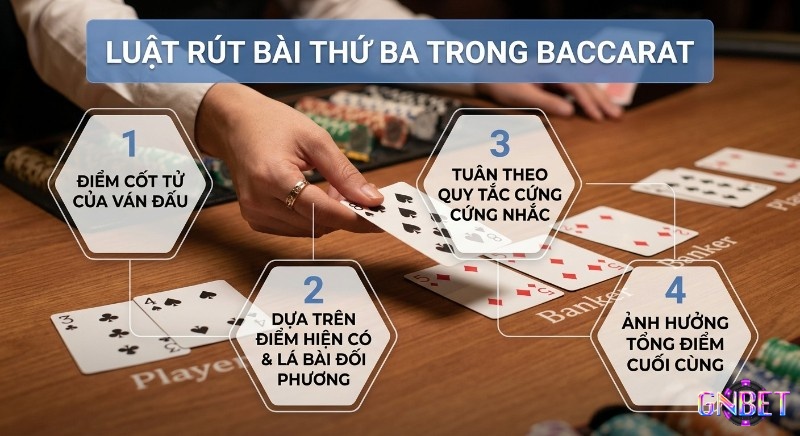 Hướng dẫn 4 khía cạnh cần nắm về luật rút bài thứ ba trong Baccarat, giải thích cách chi phối và ảnh hưởng tổng điểm