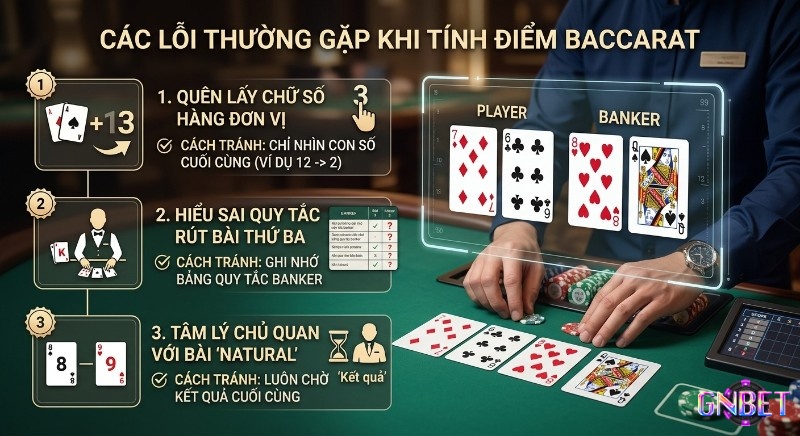 Checklist 3 lỗi thường gặp, khi tính điểm Baccarat, cung cấp cách tránh và ví dụ cụ thể giúp người chơi mới tự tin hơn