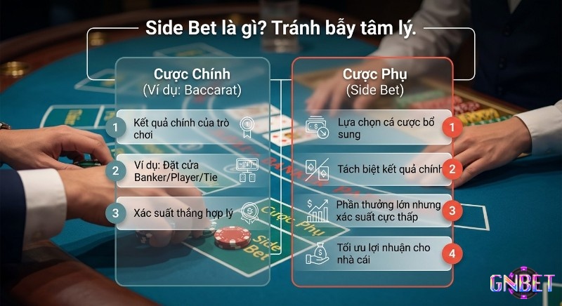 Bảng so sánh chi tiết, Cược Chính và Cược Phụ (Side Bet), giúp người chơi nhận diện bẫy tâm lý và xác suất thắng