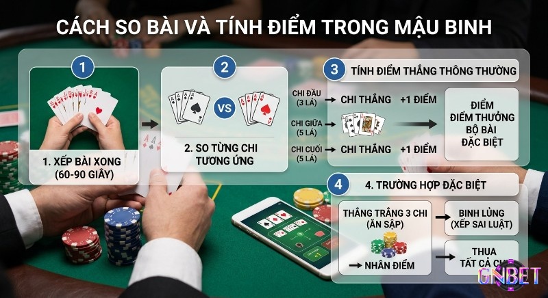 Sơ đồ hướng dẫn chi tiết 4 bước so bài và tính điểm cách chơi Mậu Binh cơ bản, từ xếp bài đến các trường hợp đặc biệt như binh lủng