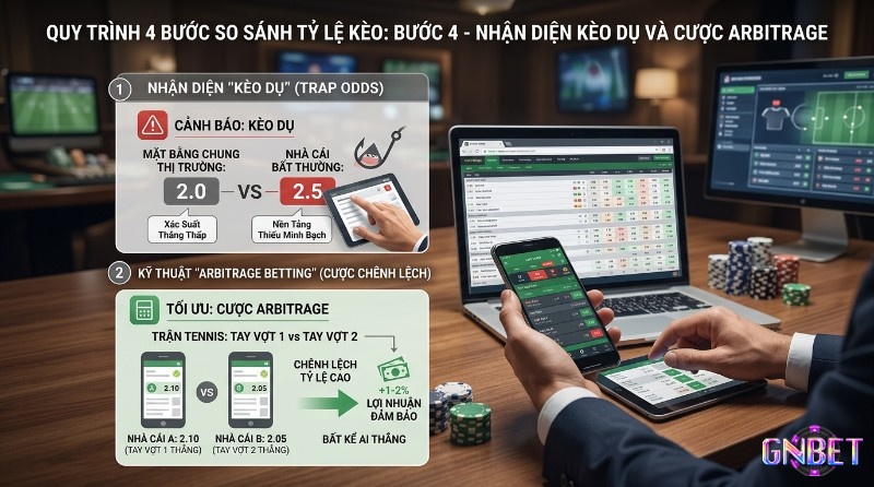 Nhận diện kèo dụ với tỷ lệ bất thường 2.5 so với thị trường 2.0 và cược arbitrage đảm bảo lợi nhuận 1-2% từ tỷ lệ 2.10 và 2.05 trên các thiết bị