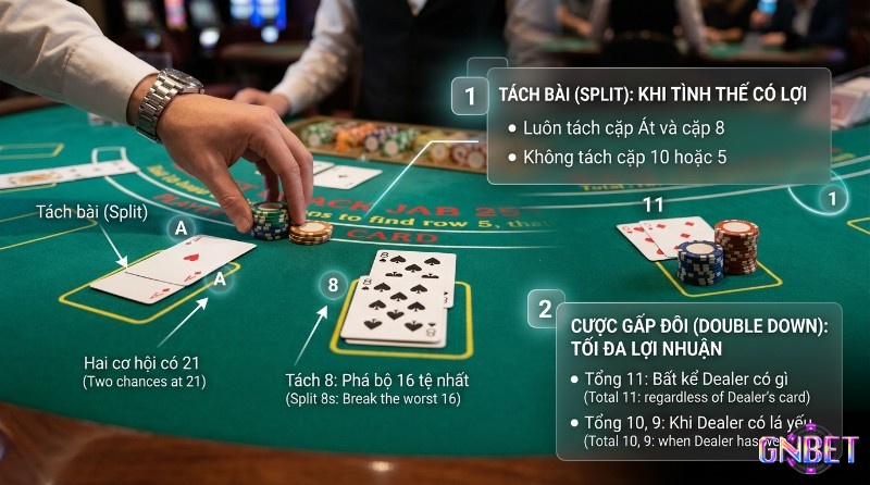 Chiến lược cách thắng Blackjack Tách bài (Split) và Cược gấp đôi (Double Down) trong Blackjack, người chơi tách cặp Át, cặp 8, không tách 10, 5; cược gấp đôi khi tổng 11, 10, 9