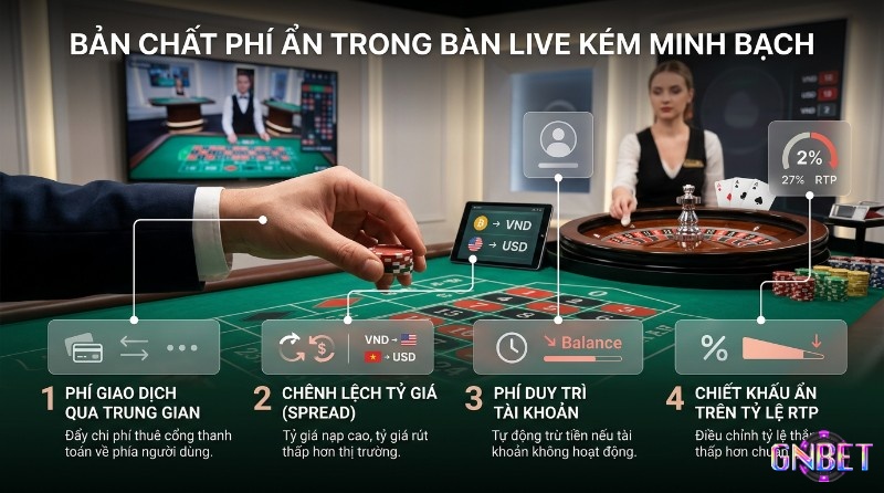 Cấu trúc phí ẩn trong bàn live kém minh bạch: 4 loại phí gồm giao dịch trung gian, chênh lệch tỷ giá, duy trì tài khoản, chiết khấu RTP