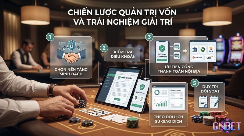 Chiến lược quản trị vốn hiệu quả qua 5 bước: chọn nền tảng minh bạch, kiểm tra điều khoản, ưu tiên thanh toán nội địa, theo dõi giao dịch và đối soát