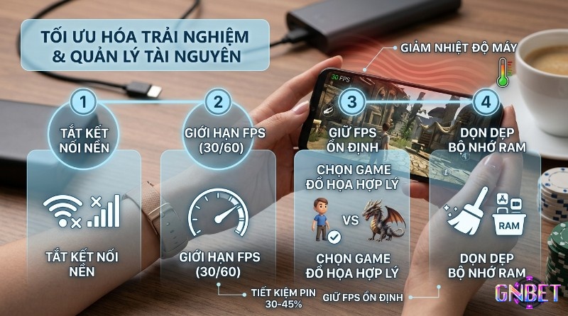 Tối ưu thiết bị qua 4 bước tắt ứng dụng nền, giới hạn FPS 30/60, chọn game phù hợp cấu hình và dọn RAM giúp giảm nhiệt máy và tiết kiệm pin 30–45%