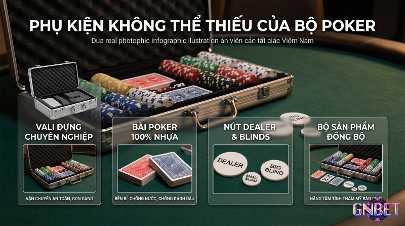 Phụ kiện bộ chip poker gồm vali nhôm đựng chip nhiều màu, bài nhựa 100%, nút Dealer, Small Blind, Big Blind trên bàn xanh
