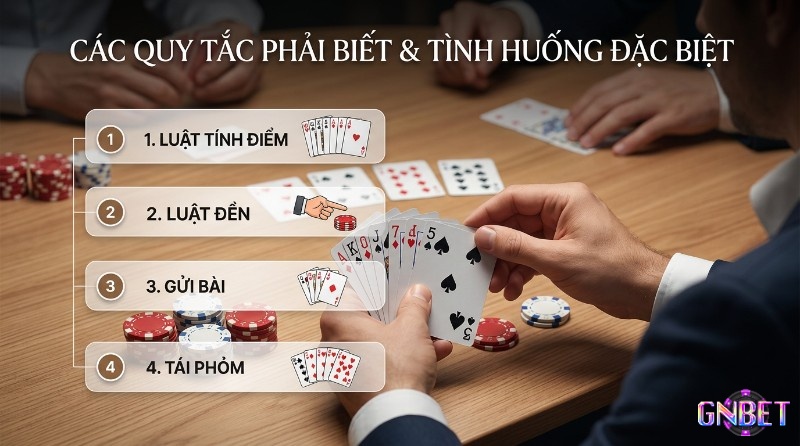 Các quy tắc chơi bài luật Phỏm: luật tính điểm, luật đền, gửi bài, tái phỏm được minh họa với người chơi cầm bài và chip.