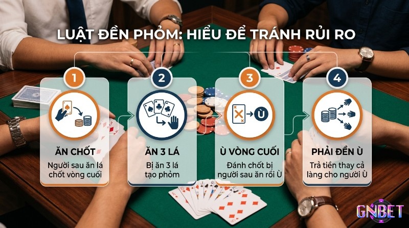 Luật Phỏm: 4 trường hợp phổ biến cần tránh rủi ro khi chơi bài, gồm ăn chốt, ăn 3 lá, ù vòng cuối, và phải đền ù