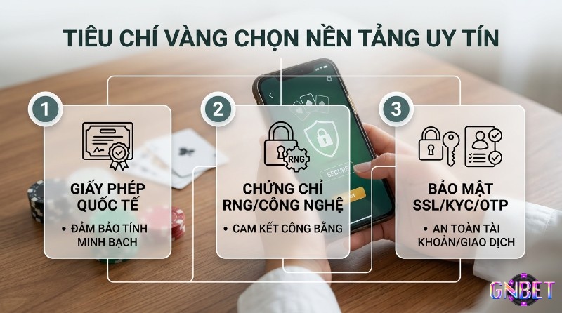 Tiêu chí vàng chọn nền tảng&nbsp;tải game online miễn phí uy tín với 3 yếu tố: giấy phép quốc tế, chứng chỉ RNG công nghệ, và bảo mật SSL, KYC, OTP