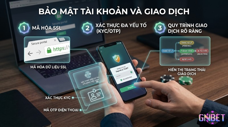 Bảo mật tài khoản và giao dịch với mã hóa SSL, xác thực đa yếu tố KYC/OTP trên điện thoại, hiển thị trạng thái giao dịch rõ ràng (pending, approved, rejected)